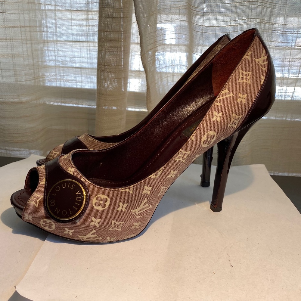 Louis Vuitton open pumps heels burgundy mules leather monogram 36.5 platforms - Picture 3 of 9